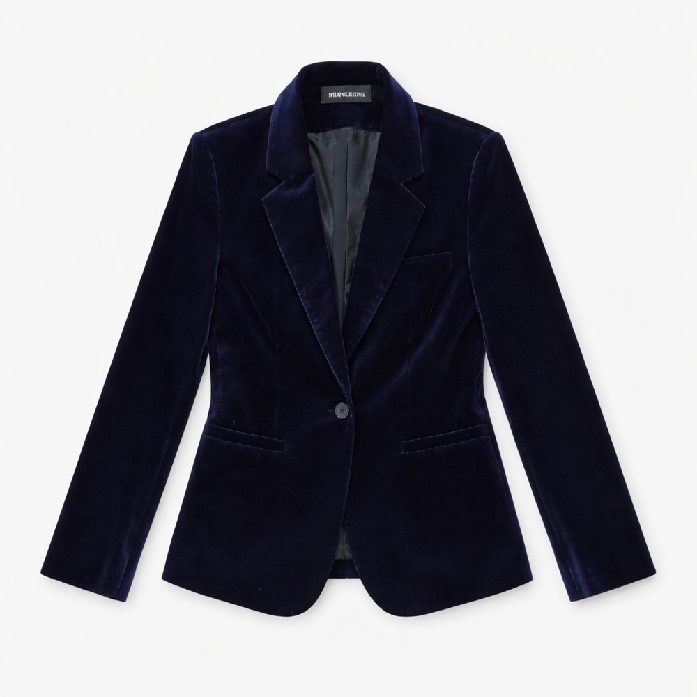 Luxe Navy Blue Velvet Blazer - Single Button - Size Medium